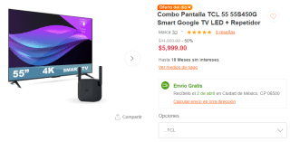 Smart TV TCL 55 55S450G LED + Repetidor por $5,100 en Linio con PayPal