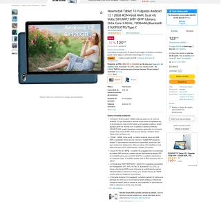 Tablet 10" Android 12 128GB ROM+6GB RAM por 89,24€