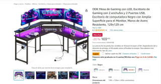 Mesa de Gaming con LED con 2 enchufes y 2 Puertos USB por 83,99€