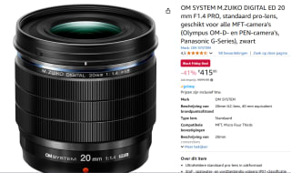 OM SYSTEM M.ZUIKO DIGITAL ED 20 mm F1.4 PRO, standaard pro-lens voor €415 met AMazon prime