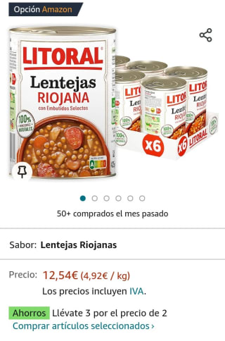LITORAL Lentejas Riojana - Plato Preparado Sin Gluten - Pack de 6x425g Total: 2.55kg pir 7,10€.