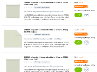 Op alle standaard maten GAMMA (duo) rolgordijnen 40% korting bij de Gamma