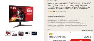 LG 24GQ50F-B Monitor Gaming Ultragear1920x1080p, 165Hz, 1ms por 90,46€