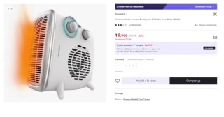 ReadyWarm 2070 Max Dual White Termoventilador con 1800 W, 2 niveles de potencia y 3 modos de funcionamiento por 19.99€ (Cuenta Nueva 10€)