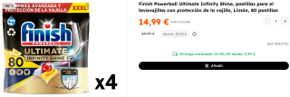 4 Paquetes de Finish Powerball Ultimate Infinity Shine, pastillas para el lavavajillas con protección de la vajilla, Limón, 80 pastillas por 59.96€