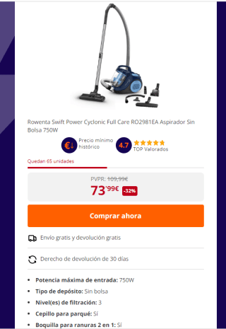 Aspiradora Rowenta sin bolsa modelo RO2981EA por 73,99€