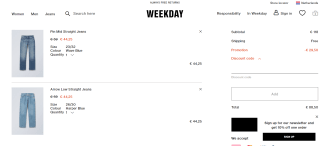 25% kassakorting bij aankoop van 2 jeansbroeken bij Weekday