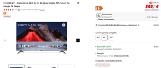 TV QLED 65" Xiaomi 65 A PRO, QLED 4K, Quad cortex A55, Smart TV, Google TV por 549€