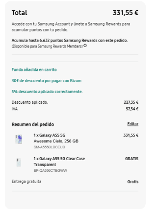 Samsung A55 de 256GB + Gratis Funda por 331,55€