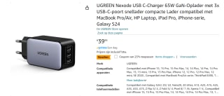 UGREEN Nexode USB C-oplader 65W met 3 x USB-C-poorten voor €29,99 bij Amazon