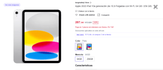 Apple 2022 iPad 10a generación con Wi-Fi, 64 GB por 268,68€