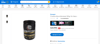 Creatina Monohidratada 300Gr Sin Sabor por $20.990