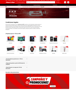Descuento 15% en carrito desde 20 Horas en APP de Mediamarkt