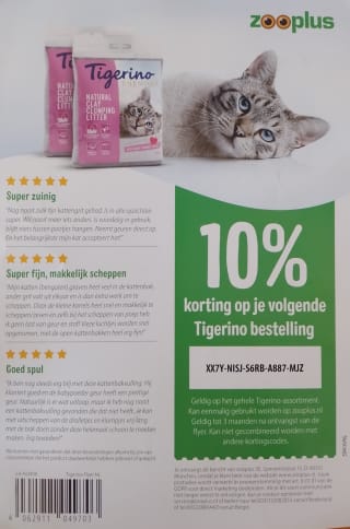 10% korting op je bestelling van Tigerino kattenbakvulling - code voor eenmalig gebruik
