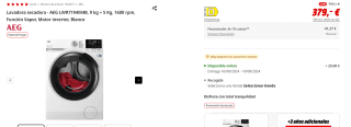 Lavadora secadora AEG LWR7194M4B, 9 kg + 5 Kg, 1600 rpm, Función Vapor, Motor inverter por 379€ (newsletter por 369€)