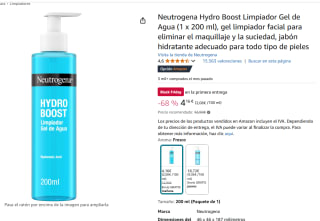 Neutrogena Hydro Boost Limpiador Gel de Agua 200ml por por 4,16€