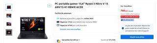 PC Portable Gamer 15,6" Acer Nitro 5 (ANV15-41-R8WX) à 749,99€
