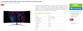 Acer Predator X45 (X45bmiiphuzx) 45" UWQHD OLED gaming-monitor 113,0 cm (44,5 inch) voor €1.009 bij Megekko