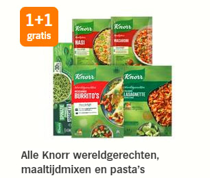 1+1 gratis op alle Knorr wereldgerechten, maaltijdmixen en pasta's bij de AH