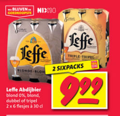 2 sixpacks Leffe Abdijbier blond, dubbel of trippel voor €9,99 bij Nettorama
