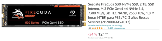 Disco Duro Seagate FireCuda 530 NVMe SSD, 2 TB, SSD interno, M.2 PCIe Gen4 ×4 NVMe 1.4, 7300 MB/s, 3D TLC NAND por 121.99€