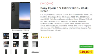 Sony Xperia 1 V, 12GB intern, 256GB opslag Groen voor €949 bij Proshop
