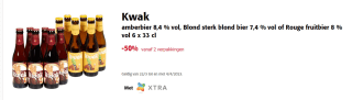50% korting op Kwak bier vanaf 2 6-packs (flesjes) of vanaf 4 blikken bij Colruyt in België