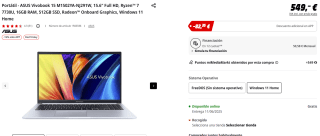 Portátil ASUS Vivobook 15 M1502YA-NJ291W, 15.6" Full HD, Ryzen 7 7730U, 16GB RAM, 512GB SSD, Radeon Onboard Graphics, Windows 11 por 466,65€