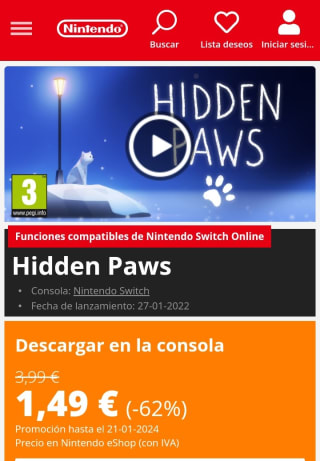 Hidden Paws Nintendo Switch por 1,49€.