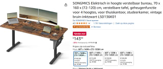 SONGMICS In hoogte verstelbaar bureau elektrisch, 70 x 160 x (72-120) cm voor €143,99 bij Amazon
