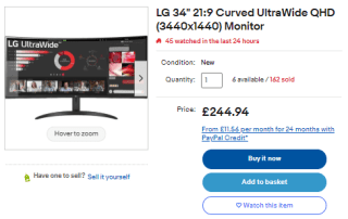 Garner eBay's LG 34'' ultrawide QHD curved monitor for £208.20