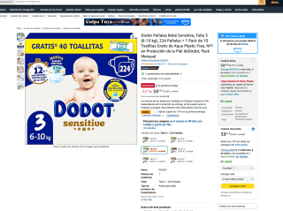 Dodot Pañales Bebé Sensitive Talla 3 (6-10 kg) 224 Pañales + 1 Pack de 10 Toallitas Gratis de Aqua Plastic Free por solo 52,19€