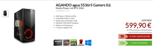 AGANDO agua 5536r5 Gamers Ed. Nvidia Power met RTX 3060 voor €599,90 bij Agando