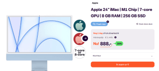 Apple 24" iMac M1 Chip 7-core GPU 8 GB RAM 256 GB SSD voor €888 bij Ibood