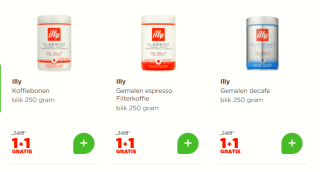 Illy Koffiebonen of filterkoffie 1+1 gratis bij de Plus