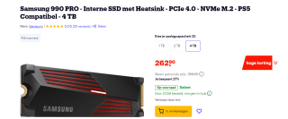Samsung 990 Pro M.2 4 TB PCI Express 4.0 NVMe V-NAND TLC met Heatsink voor €262,90 bij Bol