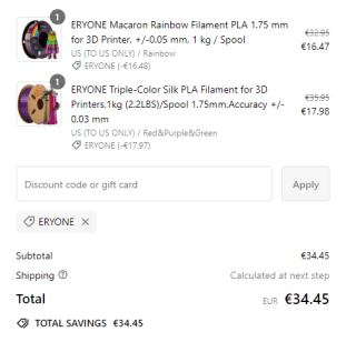 50% korting vanaf 2 rollen ERYONE filament