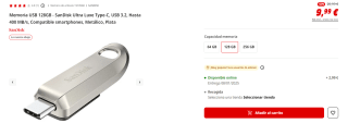 Memoria USB 128GB - SanDisk Ultra Luxe Type-C, USB 3.2, Hasta 400 MB/s por 9.9€