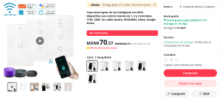 Interruptor de Luz Smart con WiFi Tuya por $71 en AliExpress
