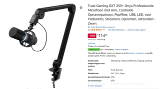 Trust GXT 255+ Onyx - PC Studio Microfoon met Arm voor €114,90 bij Amazon