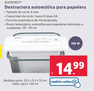 Destructora automática de documentos para papelera con brazo extensible y función automática en Lidl por 14,99€