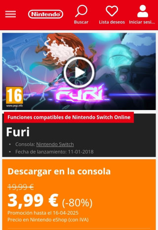 Furi Nintendo Switch por 3,99€.