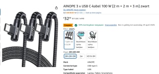 AINOPE 3 x USB C-kabel 100 W [2 m + 2 m + 3 m] voor €16,49 bij Amazon
