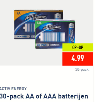 ACTIV ENERGY 30-pack AA of AAA batterijen voor €4,99 bij de Aldi