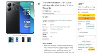 "Xiaomi Redmi Note 13 8+256GB Midnight Black: £216.22"