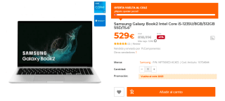 Portatil Samsung Galaxy Book2 con Intel Core i5-1235U/8GB/512GB SSD por 529€