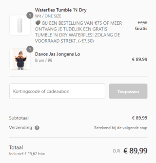 Gratis T'ND waterfles bij besteding vanaf €75 bij Tumble 'N Dry