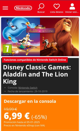Disney Classic Games: Aladdin and the Lion King Nintendo Switch por 6,99€.