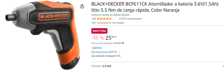 BLACK+DECKER BCF611CK-QW - Atornillador a batería 3.6V(1.5Ah) litio, 5.5Nm, de carga rápida por 25.99€