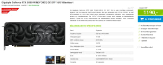 Gigabyte GeForce RTX 5080 WINDFORCE OC SFF 16G videokaart voor €1.190 bij Megekko